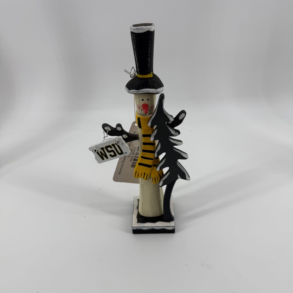 Collectible Wichita State Shockers Wooden Snowman Figurine Rustic WSU Decor NEW